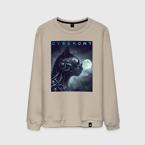Мужской свитшот Cyber black cat - ai art fantasy / Миндальный – фото 1