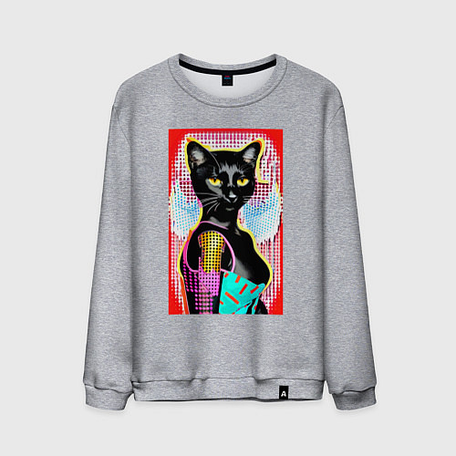 Мужской свитшот Фигуристая чёрная кошечка в стиле поп-арт / Меланж – фото 1
