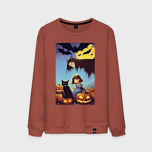 Мужской свитшот Ведьма зависла над девочкой и котом / Кирпичный – фото 1