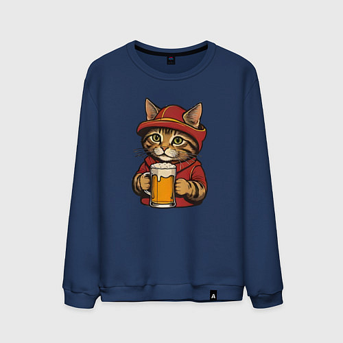 Мужской свитшот Осенний кот с пивом / Тёмно-синий – фото 1
