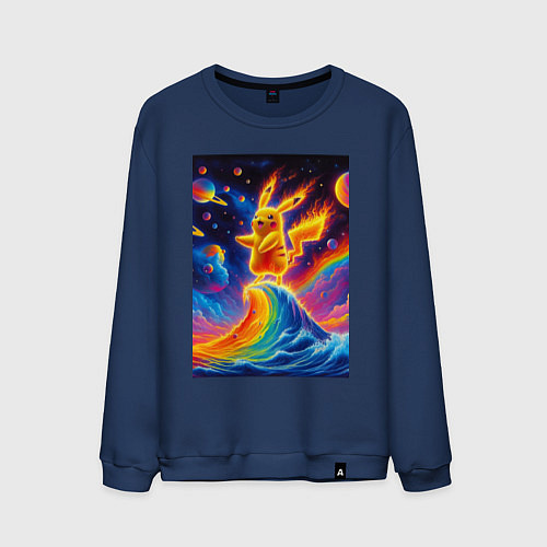 Мужской свитшот Огненный Пикачу на волне - нейроарт фантазия / Тёмно-синий – фото 1