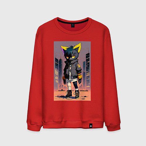 Мужской свитшот Уличный котёнок хулиган - нейроарт / Красный – фото 1