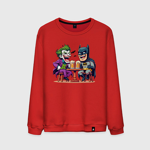 Мужской свитшот Джокер и Бэтмен пьют пиво за столом / Красный – фото 1