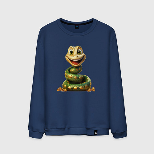 Мужской свитшот Зеленая змейка с улыбкой / Тёмно-синий – фото 1