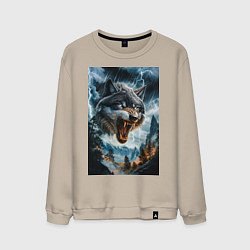 Свитшот хлопковый мужской Голова волка с оскаленной пастью, цвет: миндальный