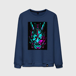 Свитшот хлопковый мужской Киберпанк самурай цифровой, цвет: тёмно-синий