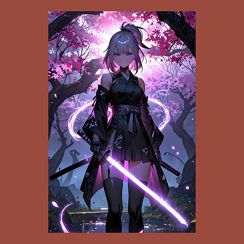 Мужской свитшот Девушка с катаной на фоне цветущей сакуры / Кирпичный – фото 3