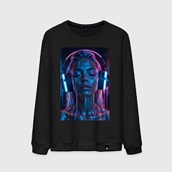 Свитшот хлопковый мужской Девушка с наушниками в неоне, цвет: черный