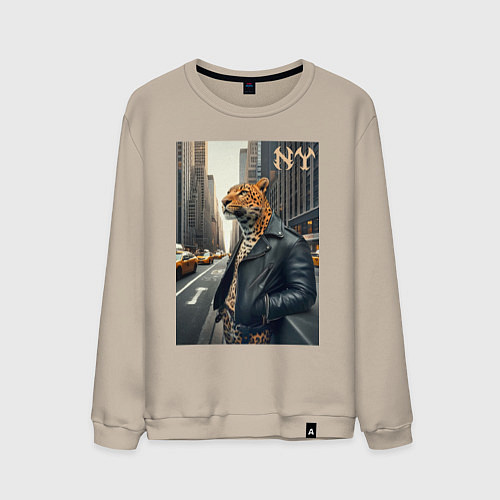 Мужской свитшот Леопард-модник житель Нью-Йорка / Миндальный – фото 1