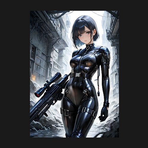 Мужской свитшот Девушка в кожаном костюме со снайперской винтовкой / Черный – фото 3