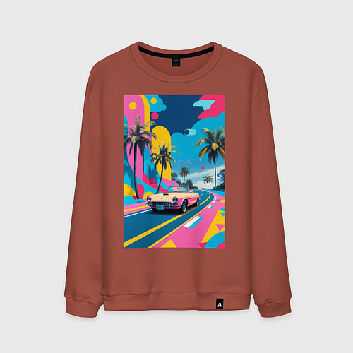 Мужской свитшот Кабриолет едет по тропическому острову в стиле Куб / Кирпичный – фото 1