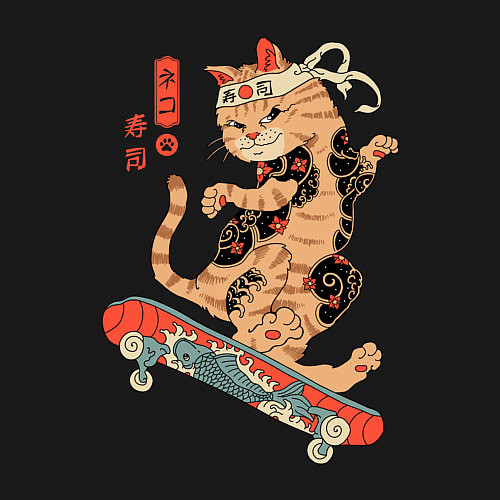 Мужской свитшот Кот самурай - скейтбордист / Черный – фото 3