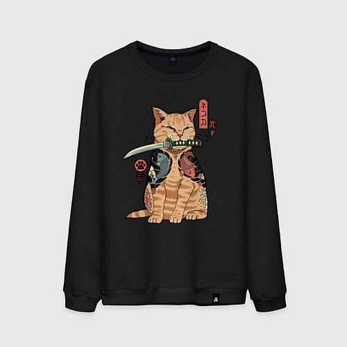 Мужской свитшот Кот самурай Якудза / Черный – фото 1