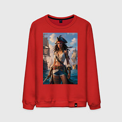 Свитшот хлопковый мужской Пиратка на фона флотилии кораблей, цвет: красный