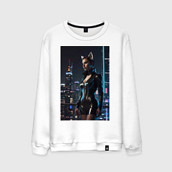 Мужской свитшот Девушка с кошачьими ушами стоит на фоне небоскребо