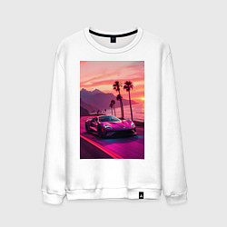 Свитшот хлопковый мужской Суперкар едет около океана, цвет: белый