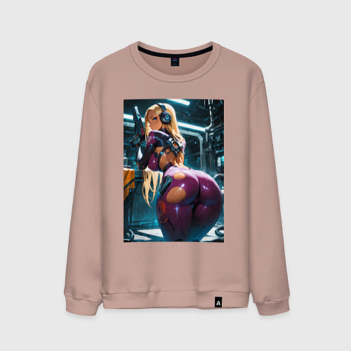 Мужской свитшот Девушка с оружием в киберпанк стиле / Пыльно-розовый – фото 1