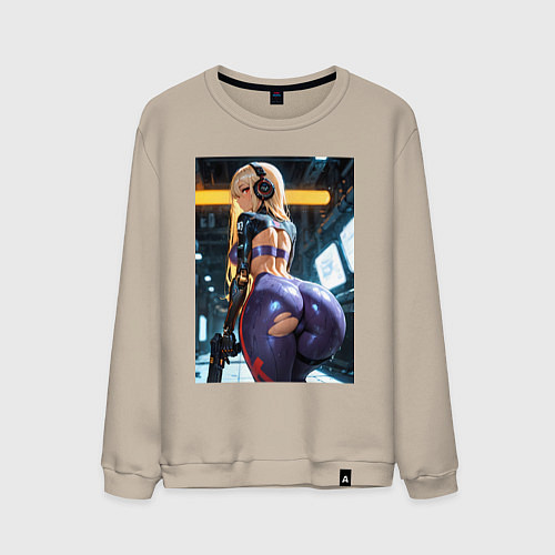 Мужской свитшот Девушка с оружием в киберпанк стиле / Миндальный – фото 1