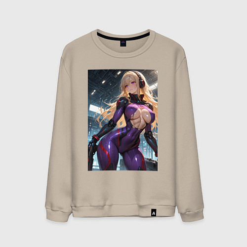 Мужской свитшот Девушка с оружием в киберпанк стиле / Миндальный – фото 1