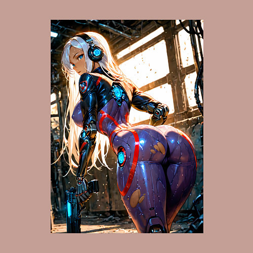 Мужской свитшот Девушка с оружием в киберпанк стиле / Пыльно-розовый – фото 3