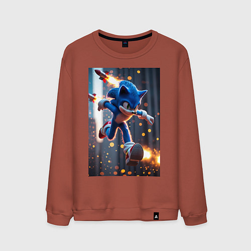 Мужской свитшот Соник убегает от летящих ракет / Кирпичный – фото 1