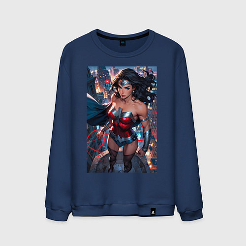 Мужской свитшот Чудо-женщина с городским фоном в стиле комиксов / Тёмно-синий – фото 1