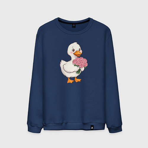 Мужской свитшот Милая уточка с букетом роз / Тёмно-синий – фото 1