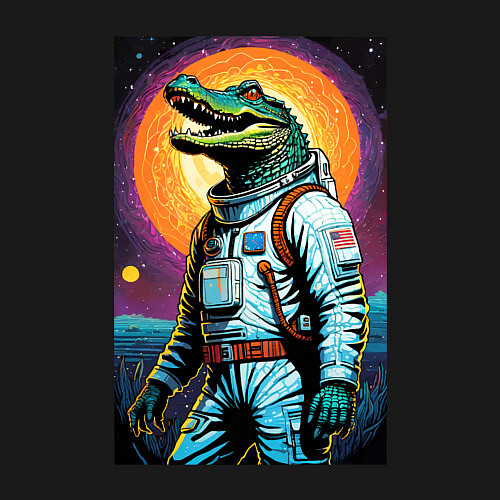 Мужской свитшот Крокодил бравый космонавт - нейроарт / Черный – фото 3