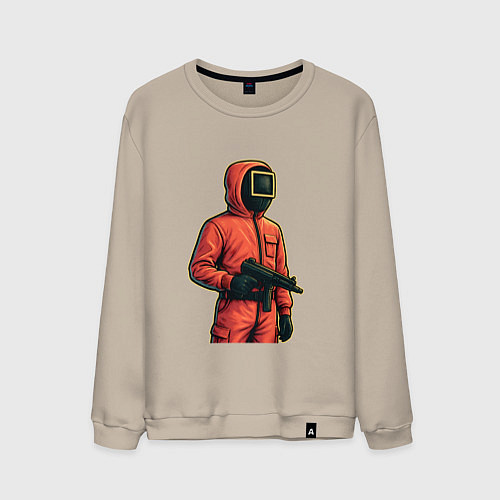 Мужской свитшот Игра в кальмара - страж с пулеметом / Миндальный – фото 1