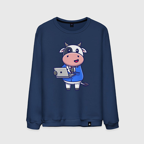 Мужской свитшот Коровка с ноутбуком / Тёмно-синий – фото 1