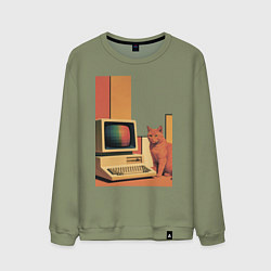 Свитшот хлопковый мужской Рыжий кот сидит у старого компьютера ретро поп-арт, цвет: авокадо