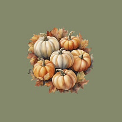 Свитшот хлопковый мужской Тыквы разные на осенних листьях акварель, цвет: авокадо — фото 2