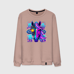 Мужской свитшот Киберпанк лошадь с неоновыми иероглифами