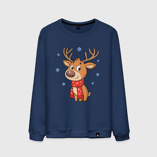 Мужской свитшот Новогодний олень и снежинки, зима / Тёмно-синий – фото 1