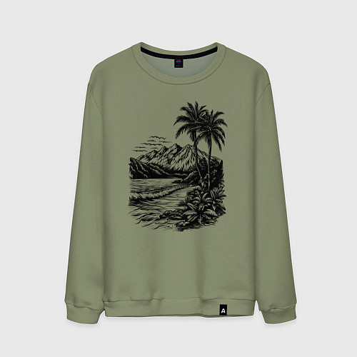 Мужской свитшот Тропический берег: горы, пальмы и море / Авокадо – фото 1
