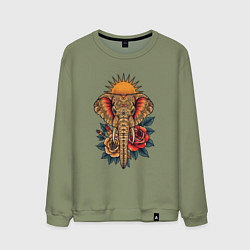 Свитшот хлопковый мужской Слон на фоне солнца с розами в стиле тату, цвет: авокадо