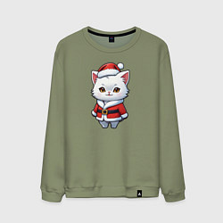 Свитшот хлопковый мужской Белый кот дед мороз, цвет: авокадо