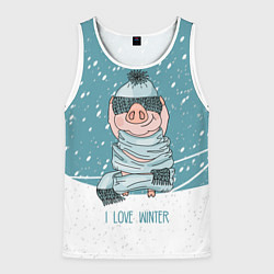 Майка-безрукавка мужская Pig: I love winter, цвет: 3D-белый