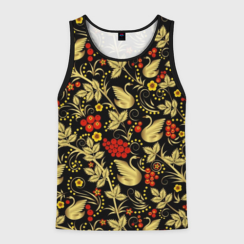 Мужская майка без рукавов Хохлома золотые лебеди / 3D-Черный – фото 1