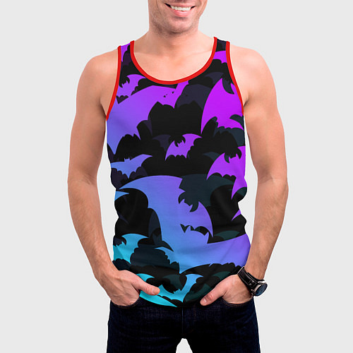 Мужская майка без рукавов ЛЕТУЧИЕ МЫШИ ХЕЛЛОУИН НЕОН HALLOWEEN NEON / 3D-Красный – фото 3