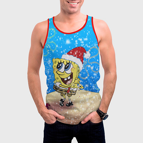 Мужская майка без рукавов НОВОГОДНИЙ ГУБКА БОБ КВАДРАТНЫЕ ШТАНЫ / 3D-Красный – фото 3