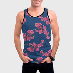 Майка-безрукавка мужская Веточки айвы с розовыми цветами на синем фоне, цвет: 3D-черный — фото 2