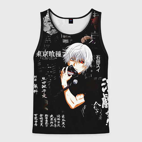 Мужская майка без рукавов Токийский Гуль на фоне Иероглифов Tokyo Ghoul / 3D-Черный – фото 1
