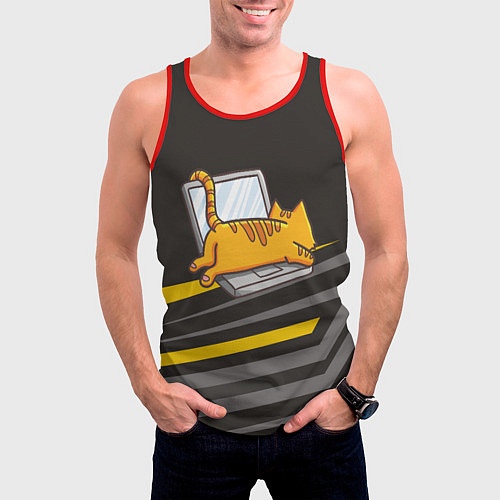 Мужская майка без рукавов Котик лежит на ноутбуке / 3D-Красный – фото 3