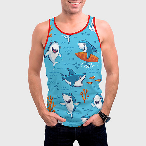 Мужская майка без рукавов Прикольные акулята - паттерн / 3D-Красный – фото 3