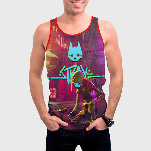 Мужская майка без рукавов Stray - cat & robot / 3D-Красный – фото 3