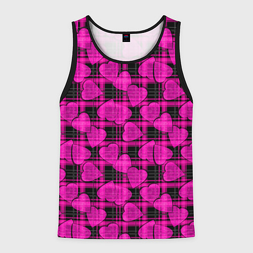 Мужская майка без рукавов Black and pink hearts pattern on checkered / 3D-Черный – фото 1