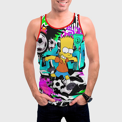 Мужская майка без рукавов Барт Симпсон - центр-форвард на фоне граффити / 3D-Красный – фото 3