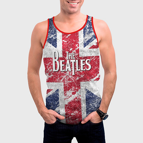 Мужская майка без рукавов The Beatles - лого на фоне флага Великобритании / 3D-Красный – фото 3