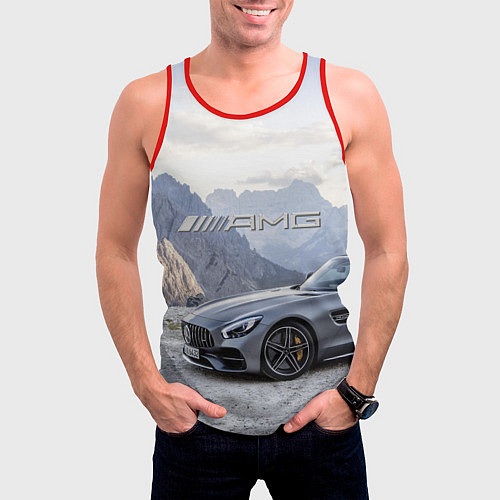 Мужская майка без рукавов Mercedes AMG V8 Biturbo cabriolet - mountains / 3D-Красный – фото 3